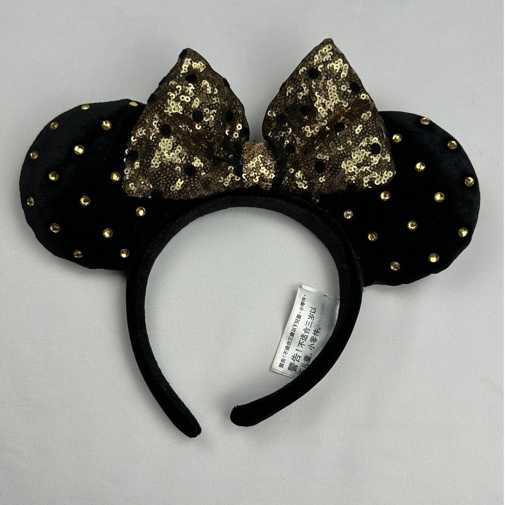 Disney Parks Minnie Mouse Headband Black Velvet Gold Rhinestone Sequin Bow Ears
